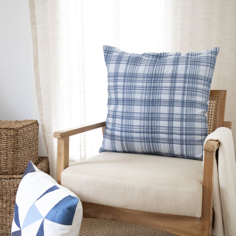 24" Ivory and Blue Geometric Cotton Blend Throw Pillow  With Embroidery