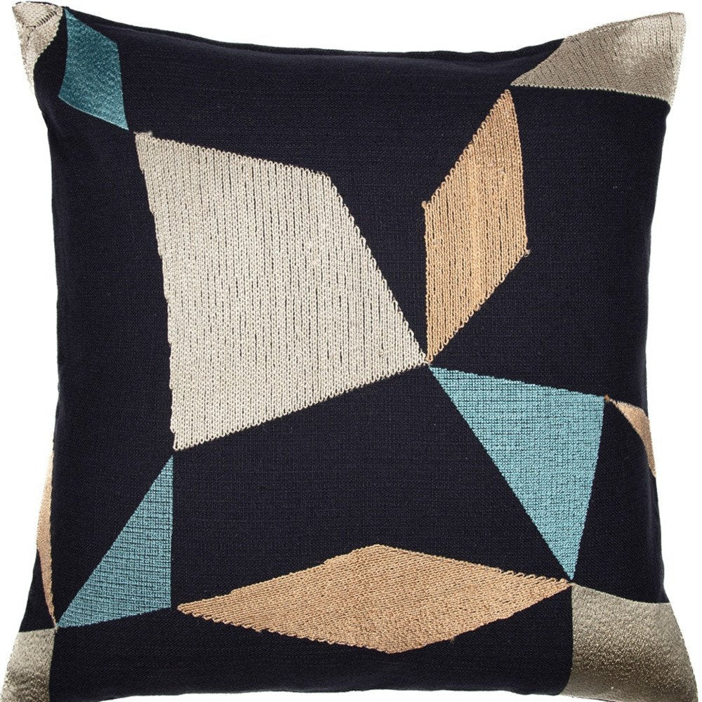 24" Blue and Beige Geometric Cotton Blend Throw Pillow With Embroidery