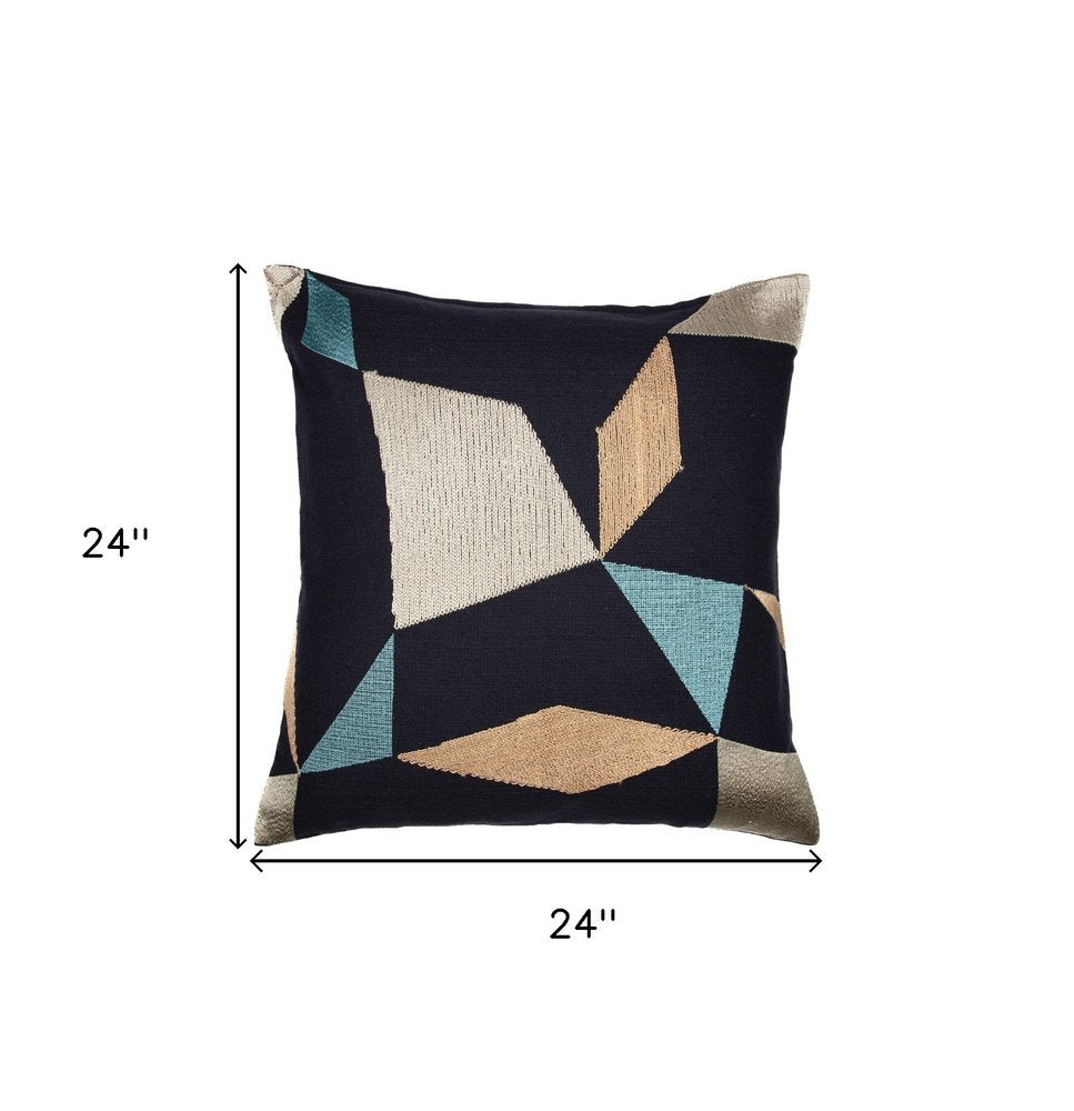 24" Blue and Beige Geometric Cotton Blend Throw Pillow With Embroidery