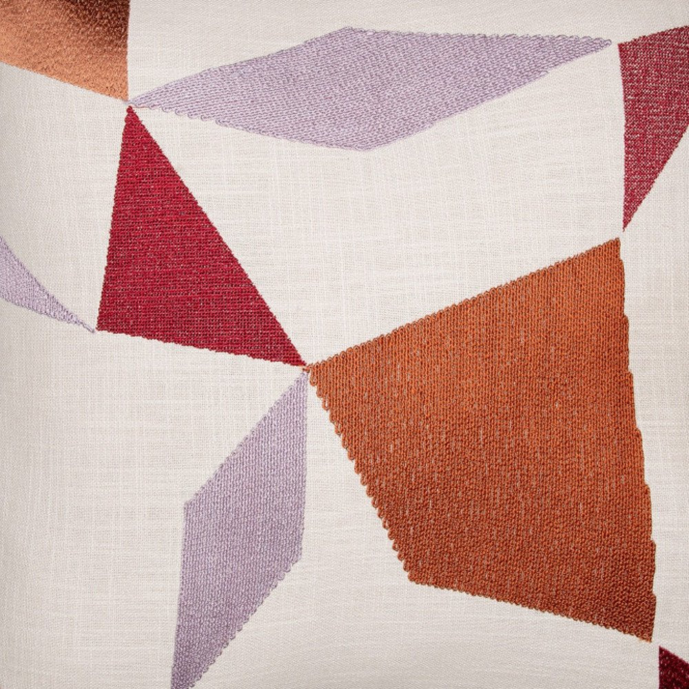 24" Ivory Geometric Cotton Blend Throw Pillow With Embroidery