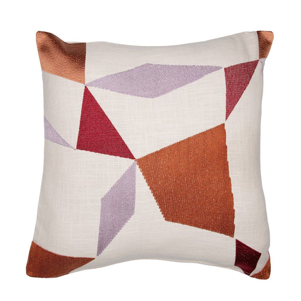 24" Ivory Geometric Cotton Blend Throw Pillow With Embroidery