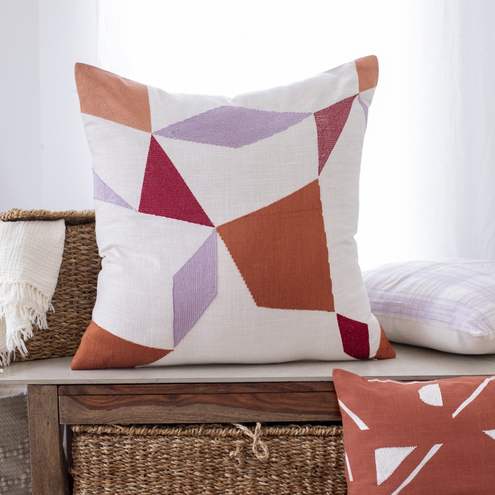 24" Ivory Geometric Cotton Blend Throw Pillow With Embroidery