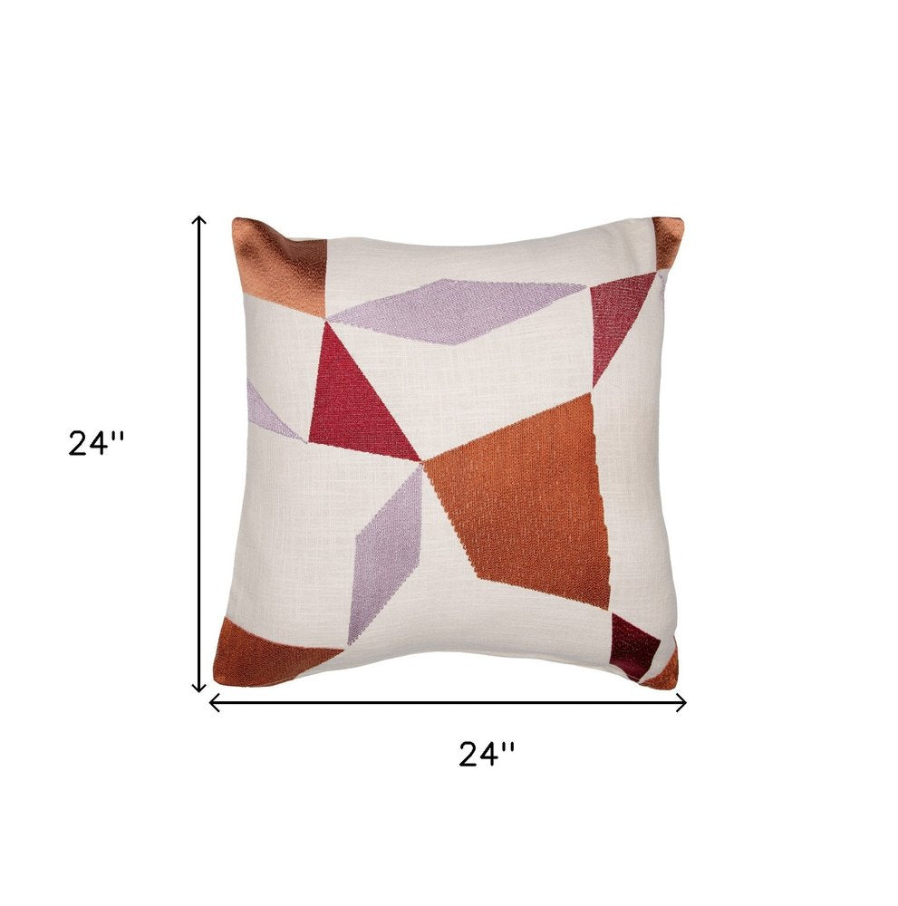 24" Ivory Geometric Cotton Blend Throw Pillow With Embroidery