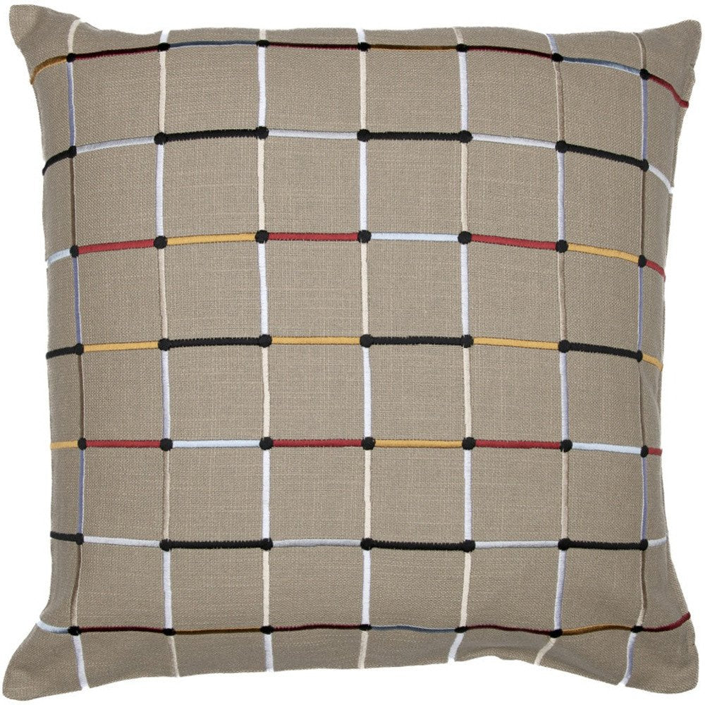 24" Beige Check Cotton Blend Throw Pillow With Embroidery