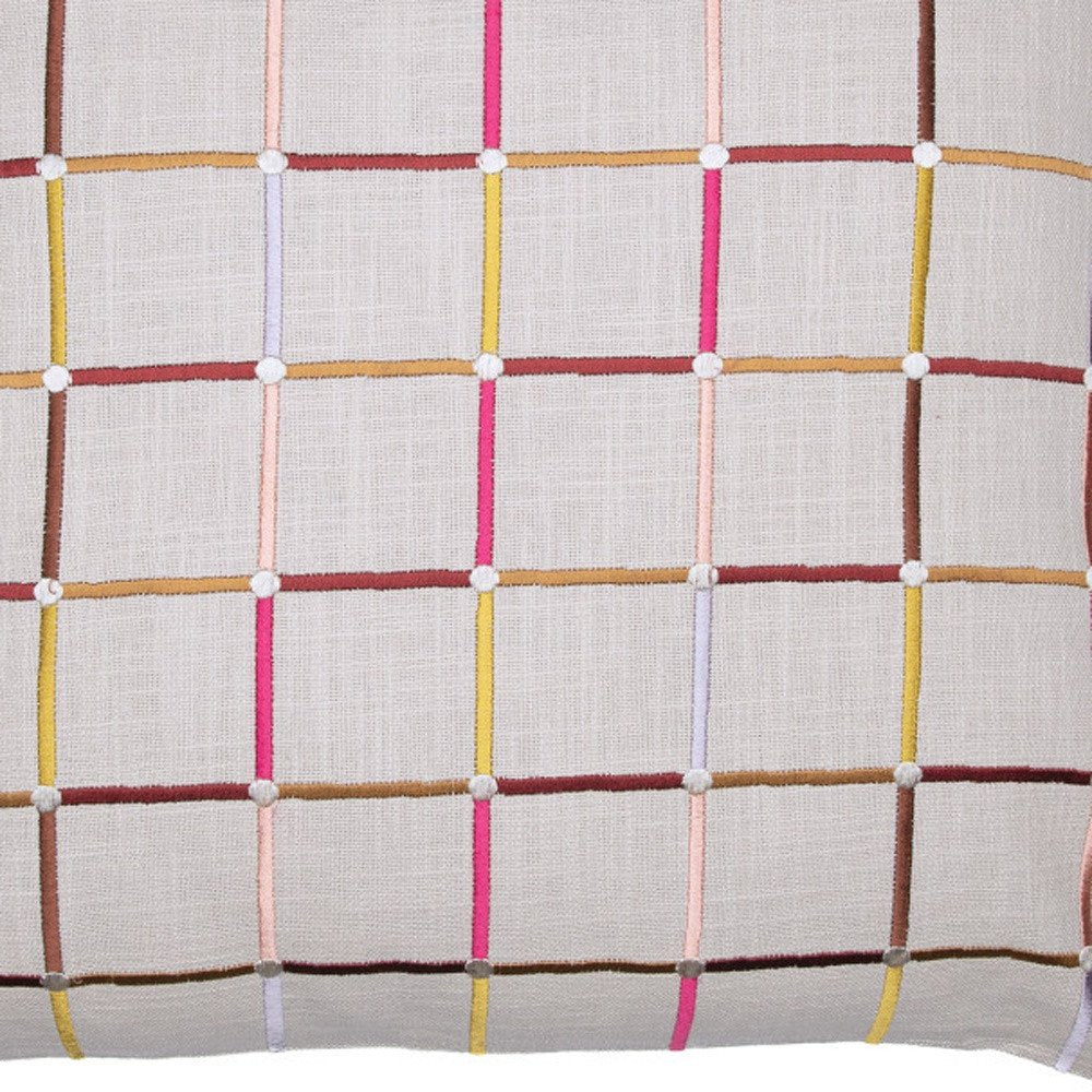 24" White Check Cotton Blend Throw Pillow With Embroidery