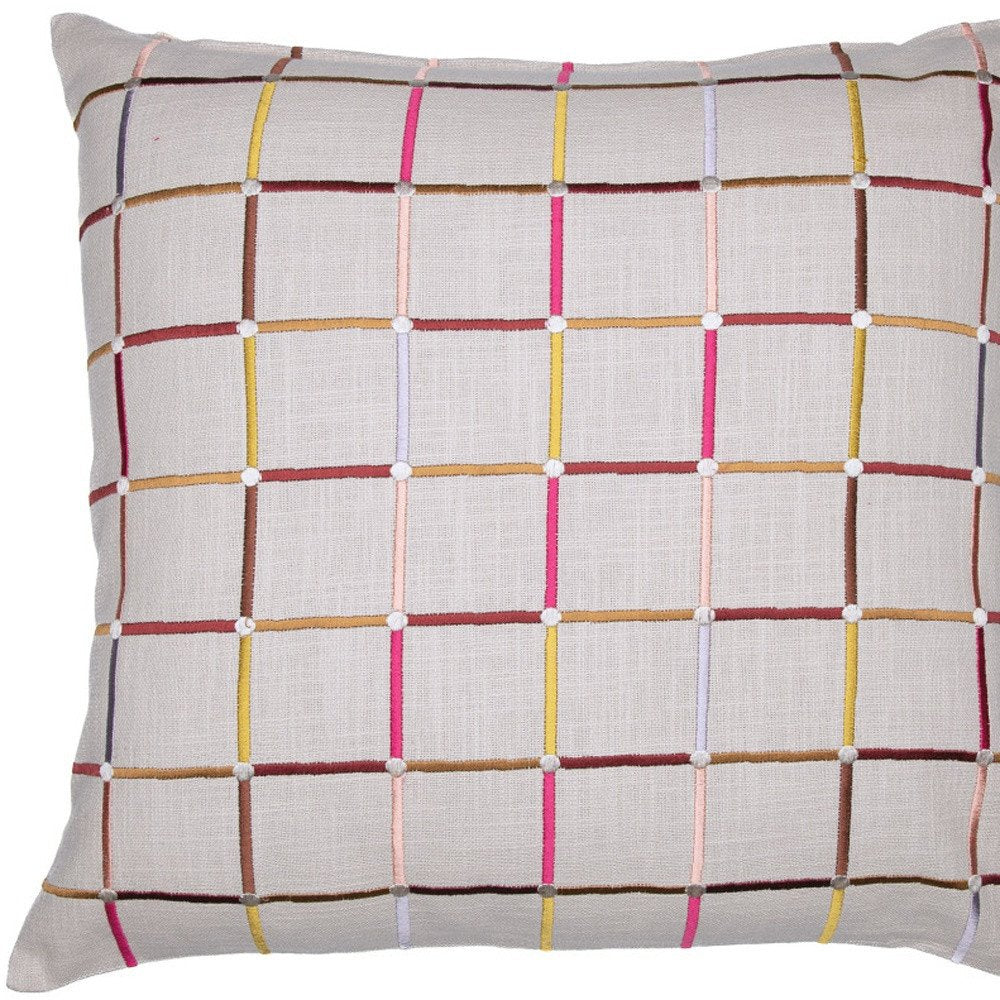 24" White Check Cotton Blend Throw Pillow With Embroidery