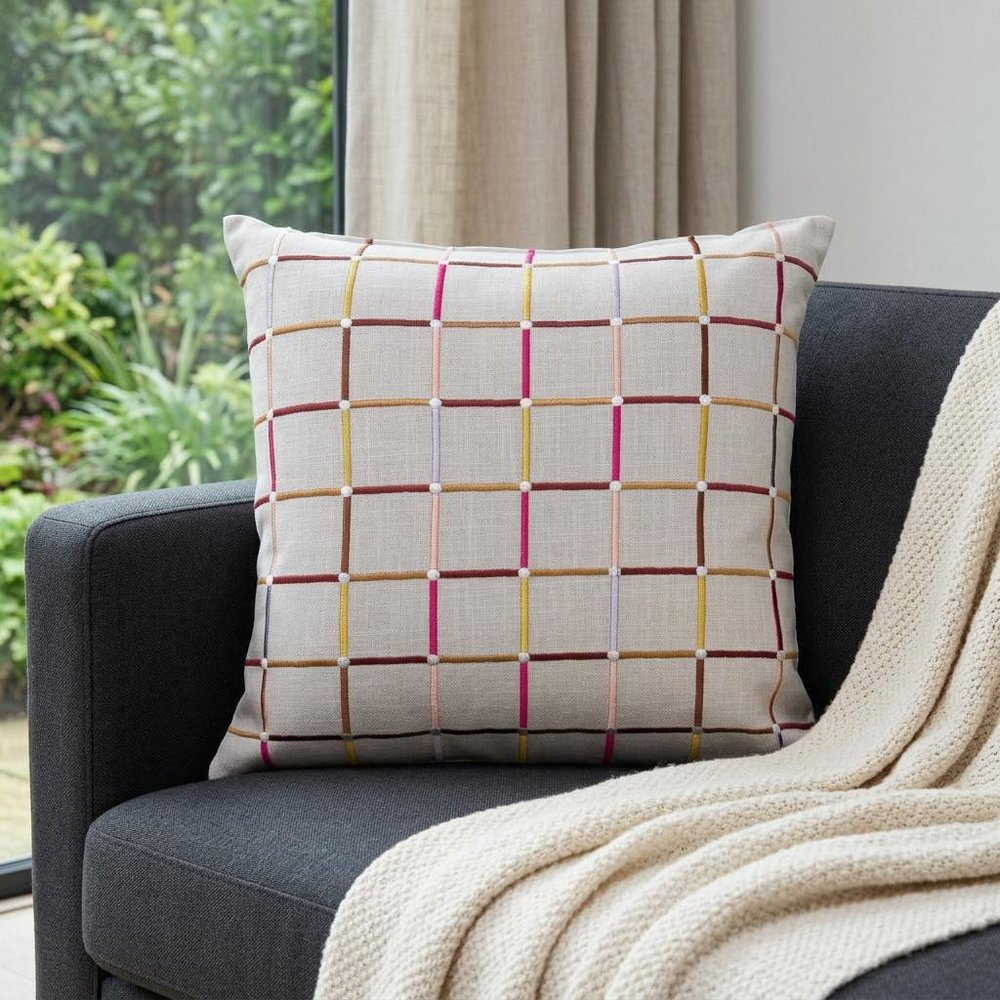 24" White Check Cotton Blend Throw Pillow With Embroidery
