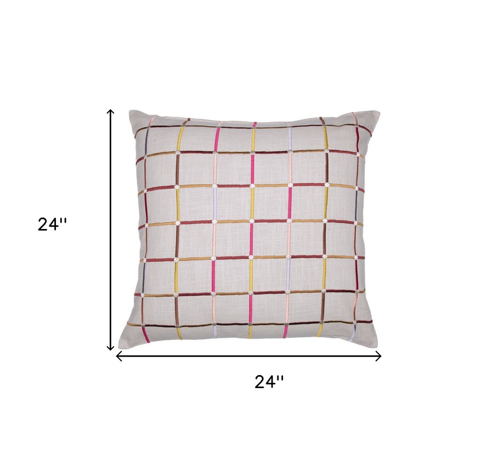 24" White Check Cotton Blend Throw Pillow With Embroidery