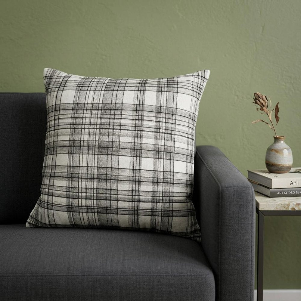20" White and Black Check Cotton Blend Throw Pillow With Embroidery