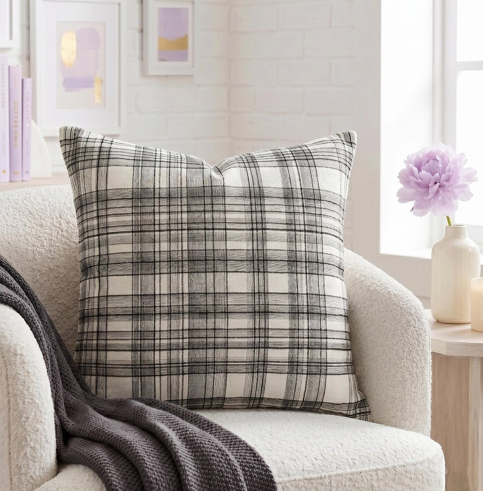 20" White and Black Check Cotton Blend Throw Pillow With Embroidery