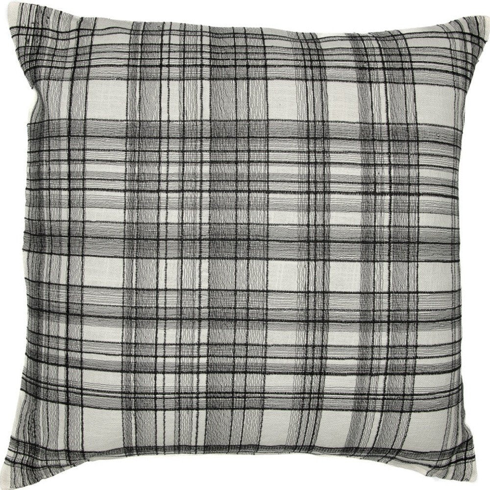24" White and Black Check Cotton Blend Throw Pillow With Embroidery