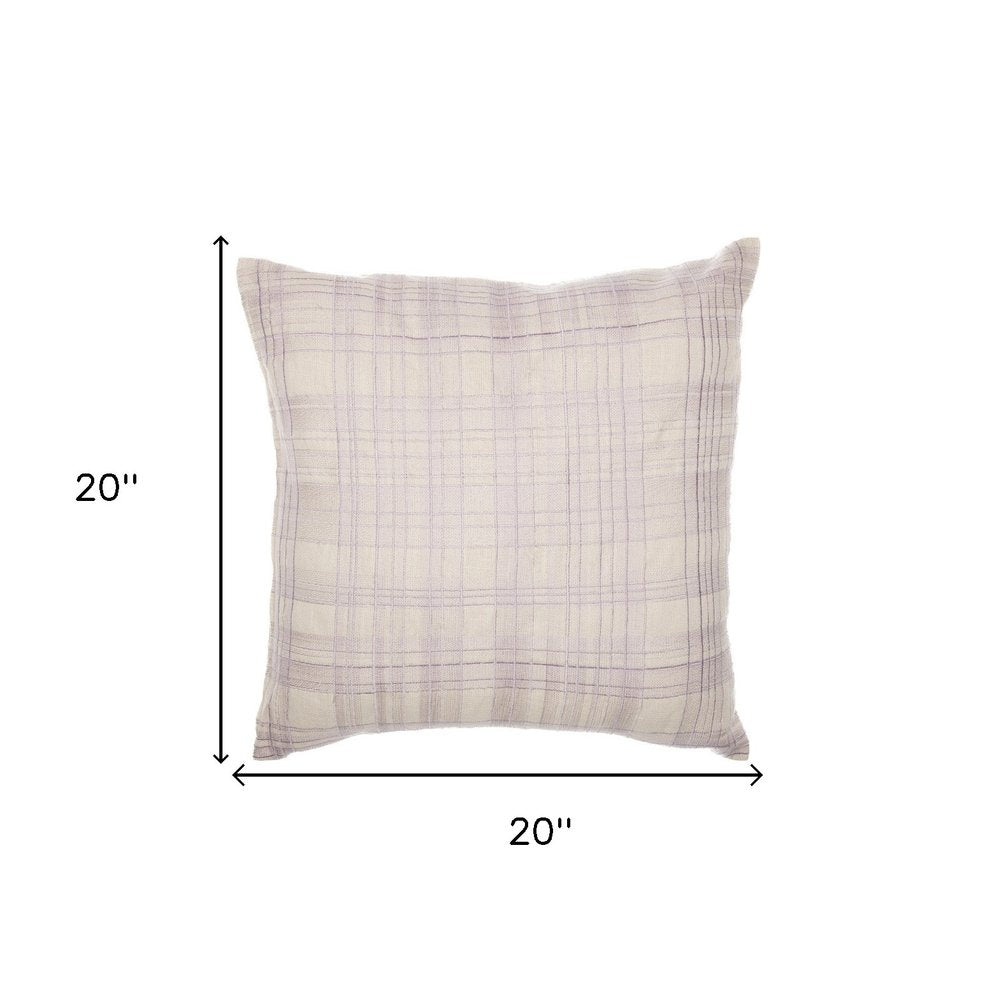 20" Ivory Check Cotton Blend Throw Pillow With Embroidery