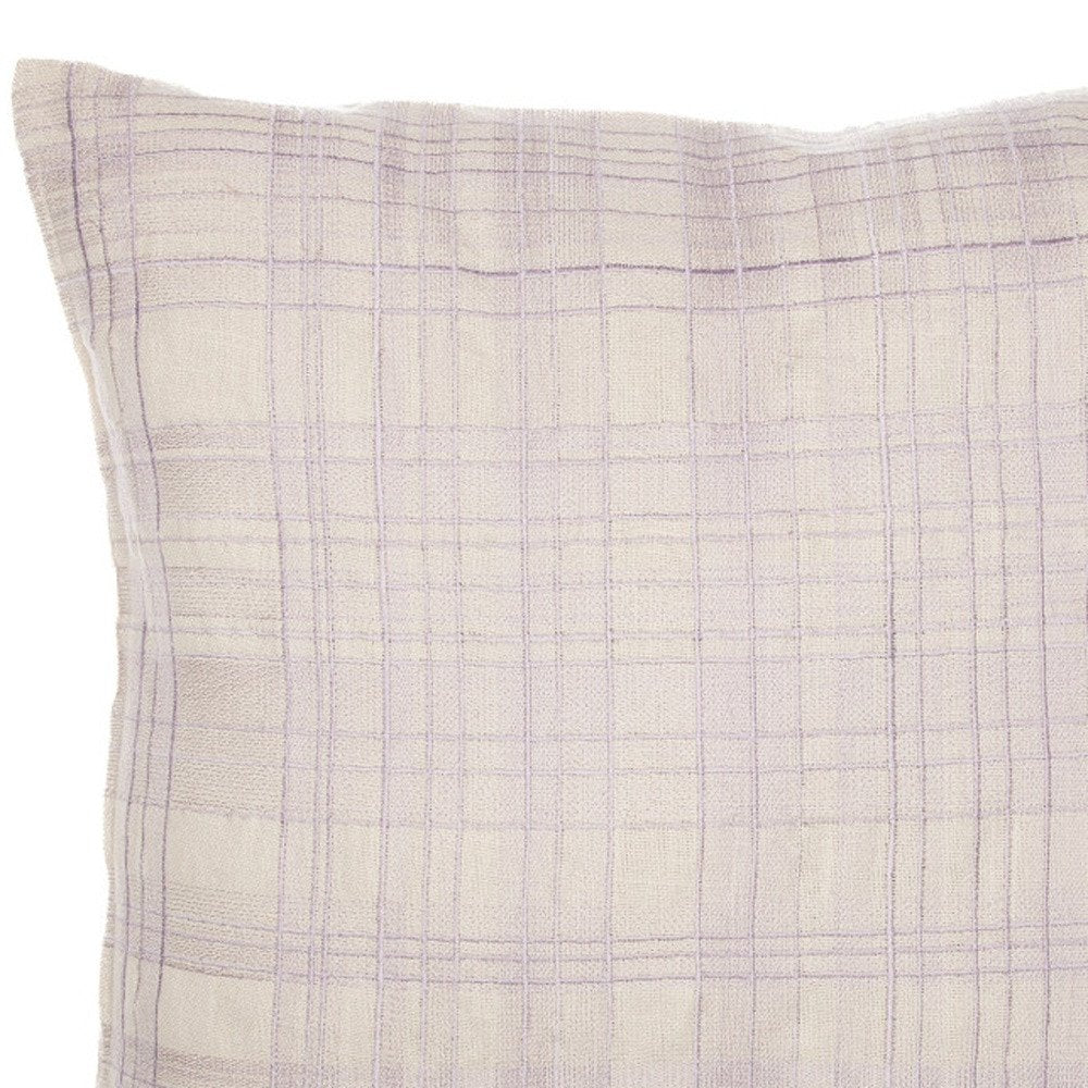 20" Ivory Check Cotton Blend Throw Pillow With Embroidery