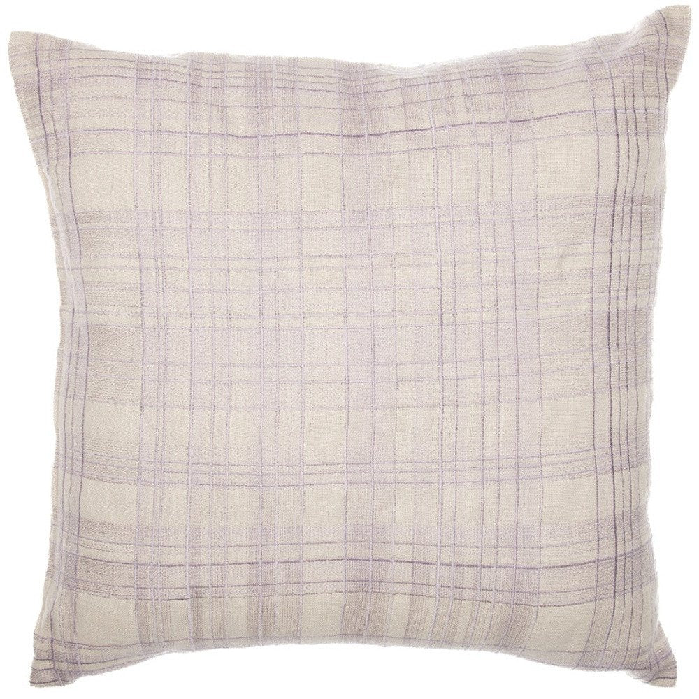 20" Ivory Check Cotton Blend Throw Pillow With Embroidery