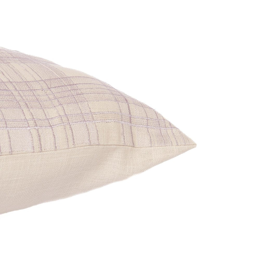 24" Ivory Check Cotton Blend Throw Pillow With Embroidery