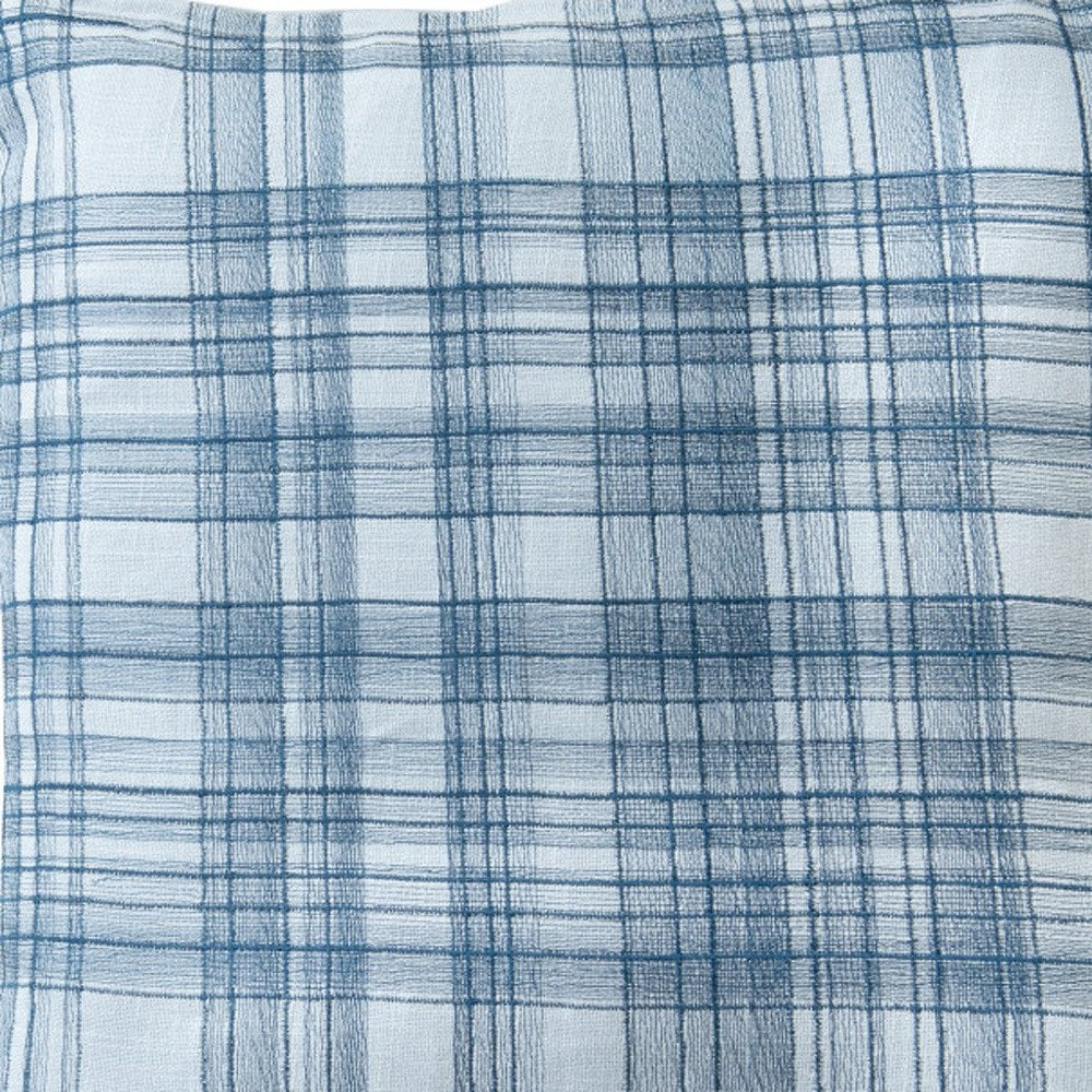 20" Blue Check Cotton Blend Throw Pillow With Embroidery