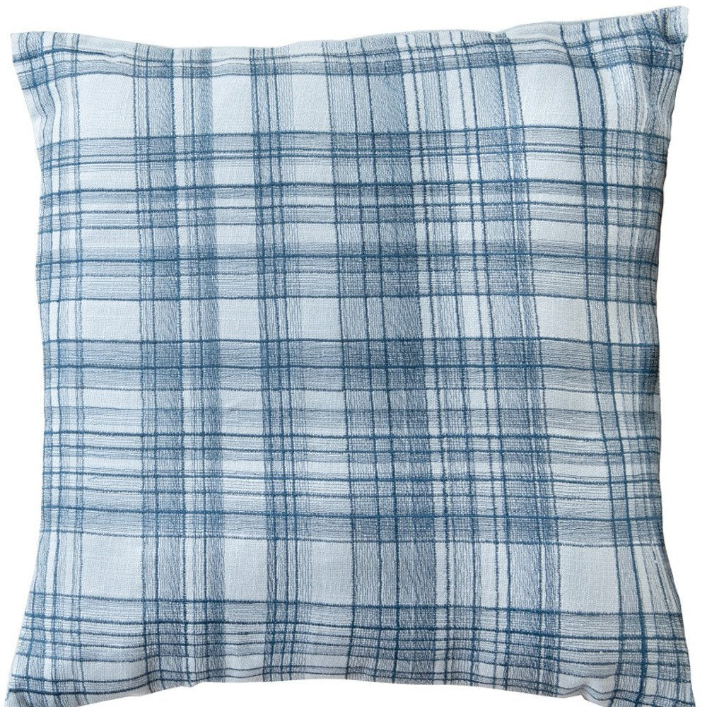 20" Blue Check Cotton Blend Throw Pillow With Embroidery
