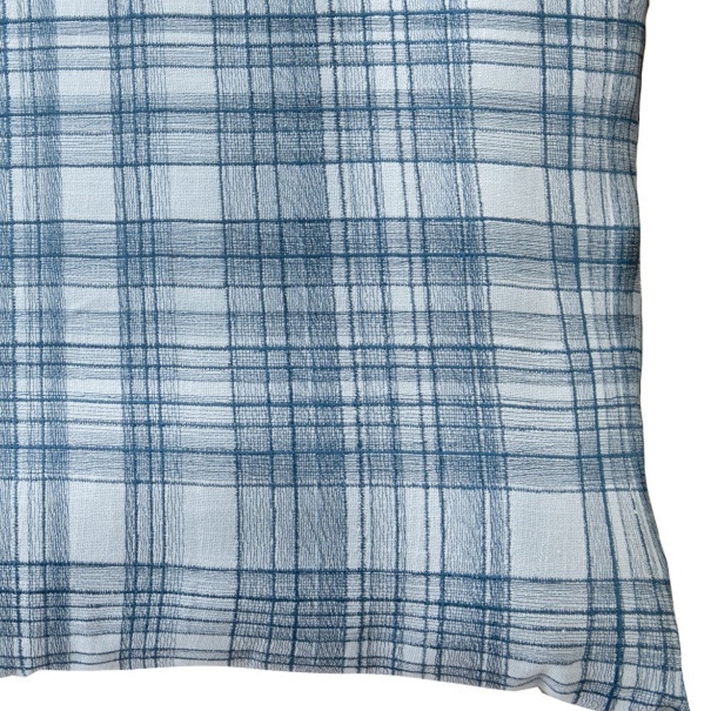 24" Blue Check Cotton Blend Throw Pillow With Embroidery