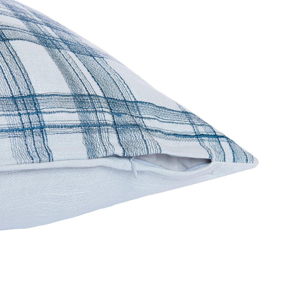 24" Blue Check Cotton Blend Throw Pillow With Embroidery