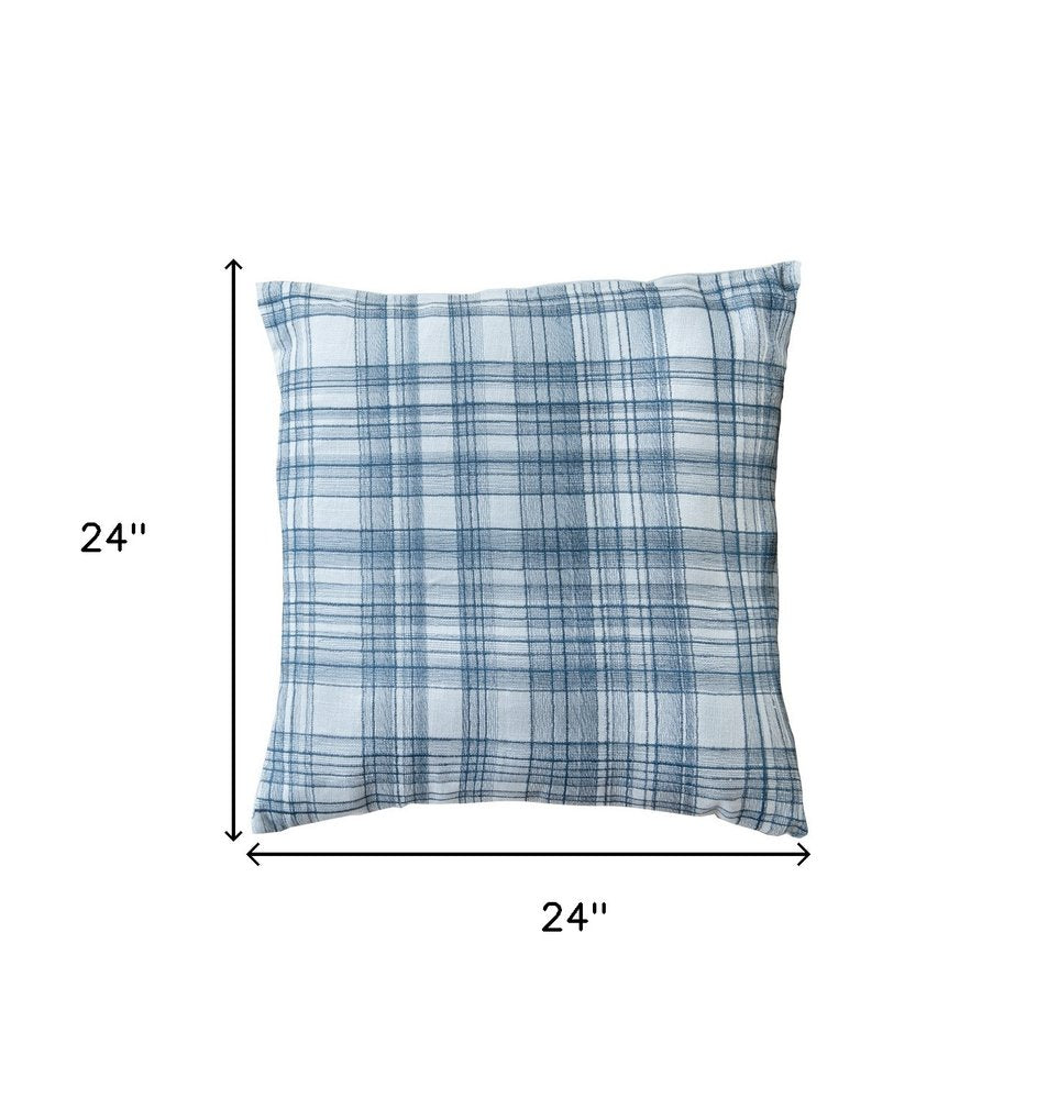 24" Blue Check Cotton Blend Throw Pillow With Embroidery