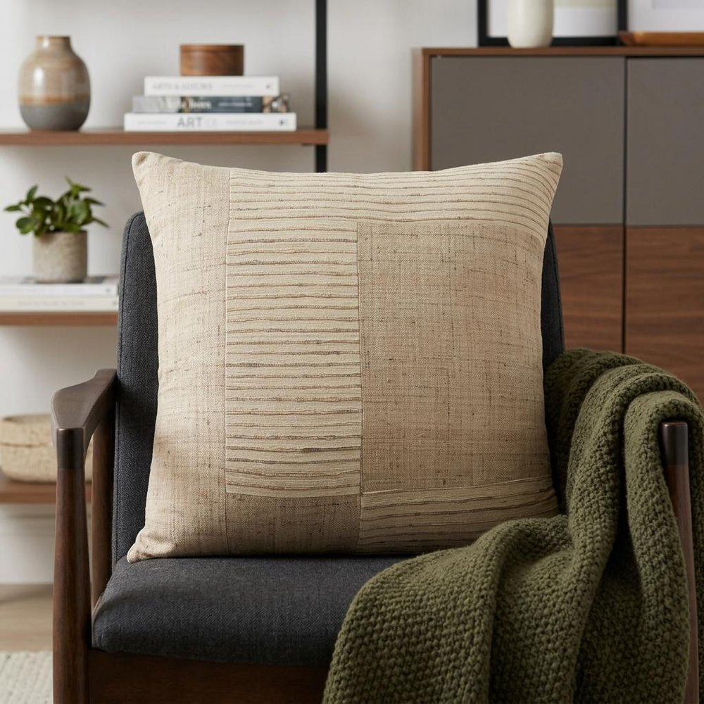 24" Brown and Beige Geometric Silk Throw Pillow With Embroidery