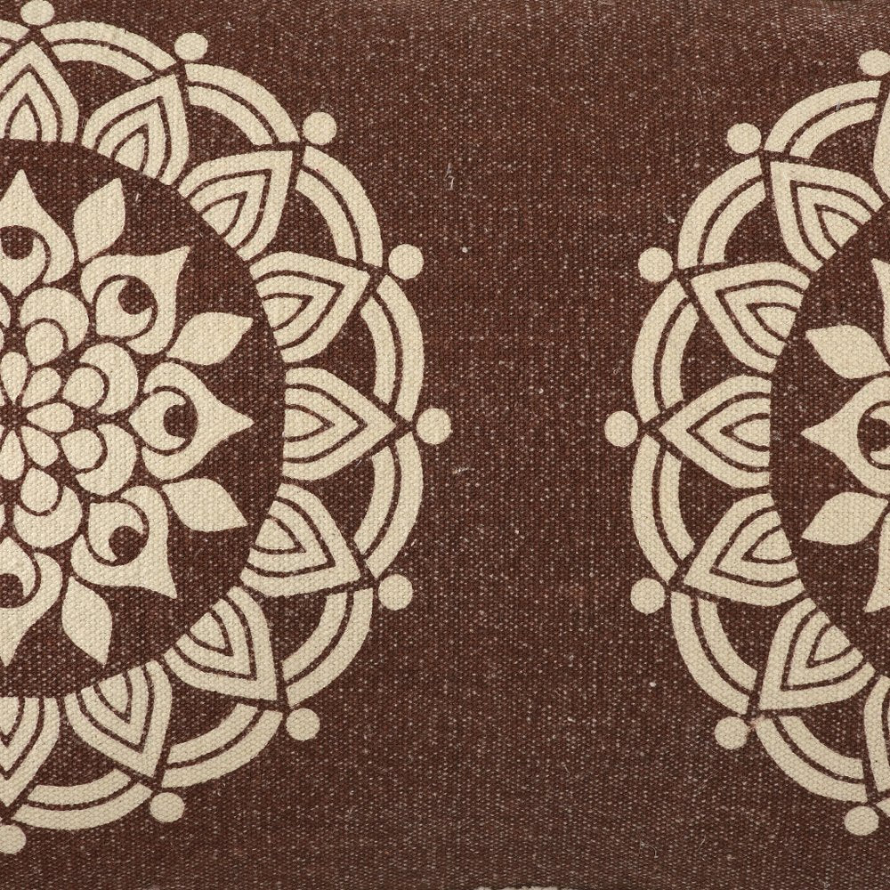 16" X 24" Brown and Ivory Medallion Cotton Lumbar Throw Pillow With Texture