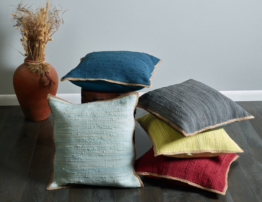 Set of Two 20" Red Cotton And Jute Throw Pillows with Texture