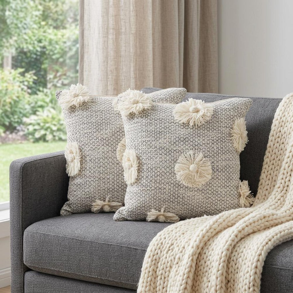Set of Two Gray and Ivory Floral Cotton Throw Pillows With Fringe
