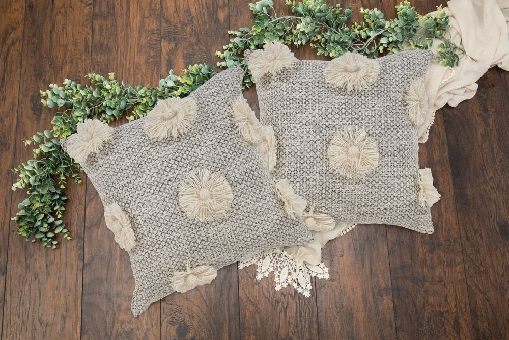 Set of Two Gray and Ivory Floral Cotton Throw Pillows With Fringe