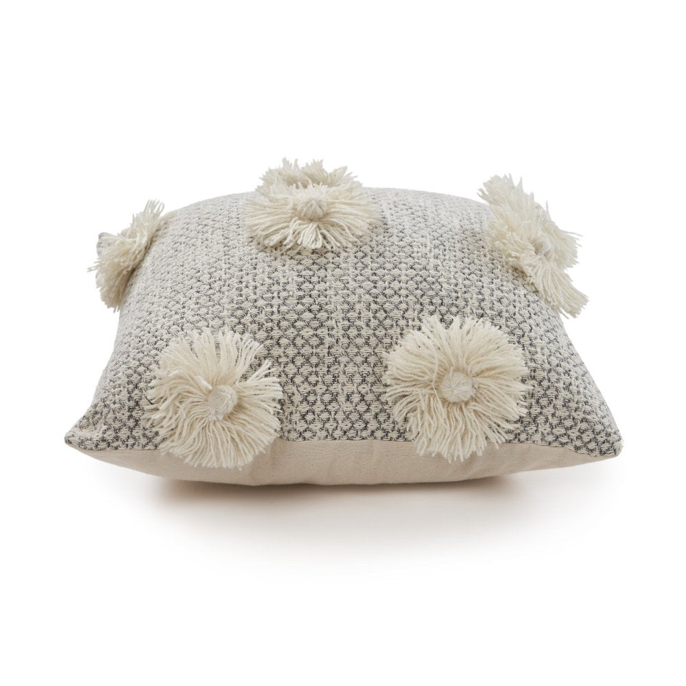 Set of Two Gray and Ivory Floral Cotton Throw Pillows With Fringe