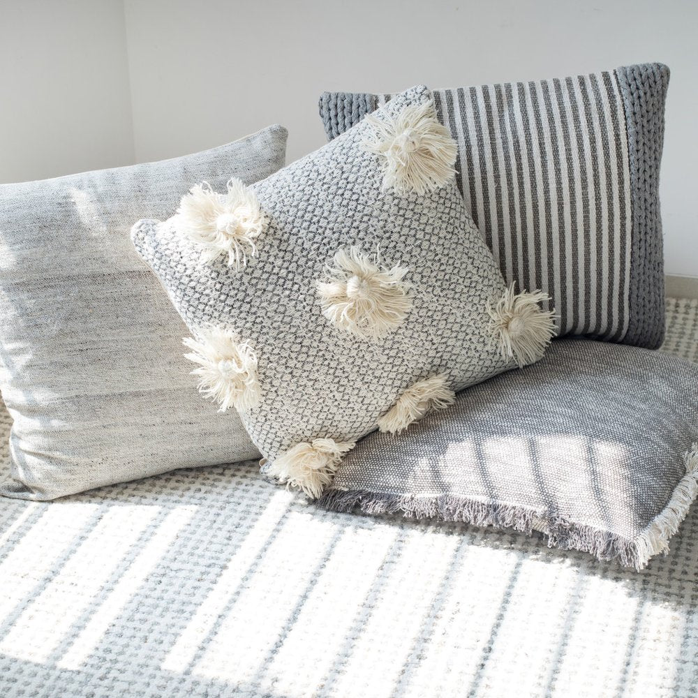 Set of Two Gray and Ivory Floral Cotton Throw Pillows With Fringe