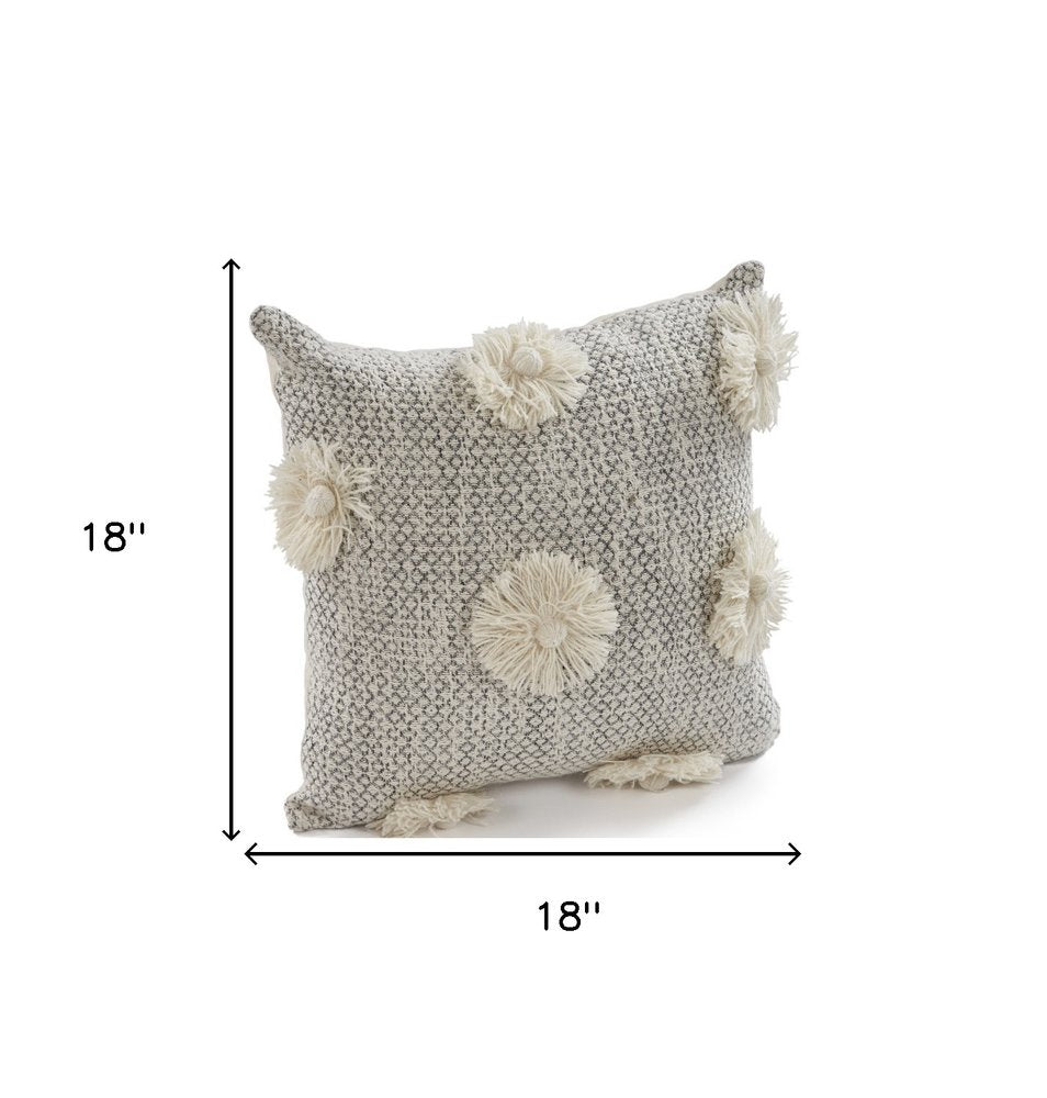 Set of Two Gray and Ivory Floral Cotton Throw Pillows With Fringe