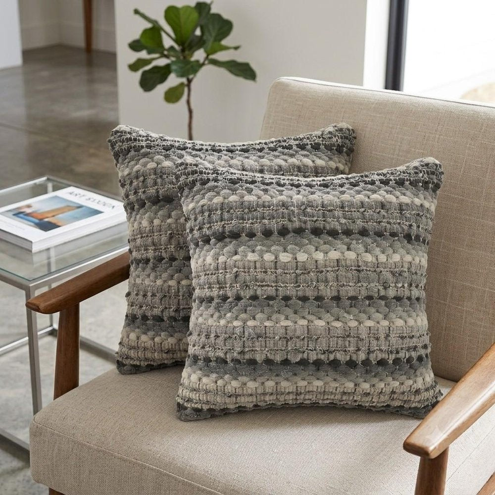 Set of Two 18" Black Gray and Ivory Striped Cotton Blend Throw Pillows with Texture