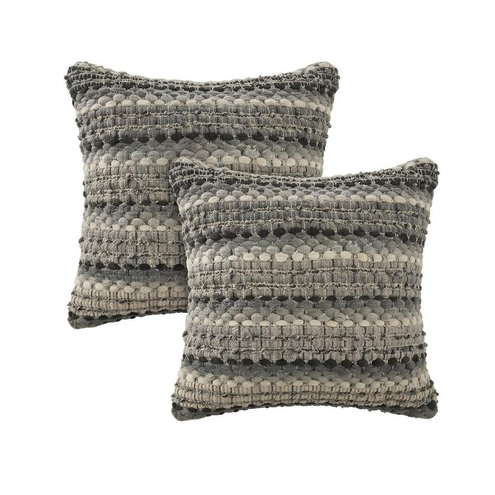 Set of Two 18" Black Gray and Ivory Striped Cotton Blend Throw Pillows with Texture