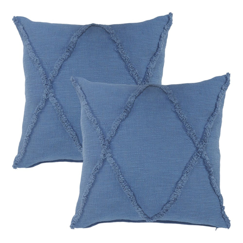 Set of Two Blue Diamond Cotton Throw Pillow With Fringe
