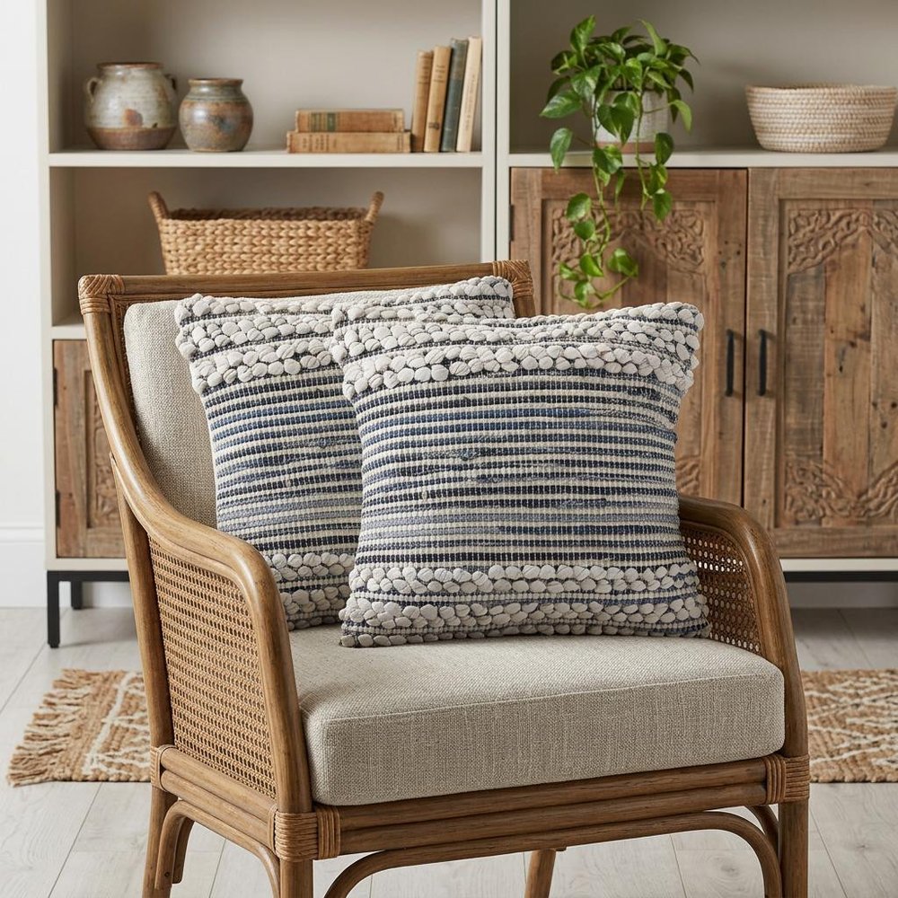 Set of Two 18" Blue And Ivory Cotton Throw Pillows with Texture