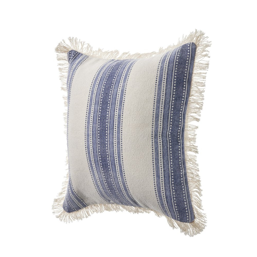 Set of Two 18" Blue and Cream Cotton Throw Pillows with Fringe