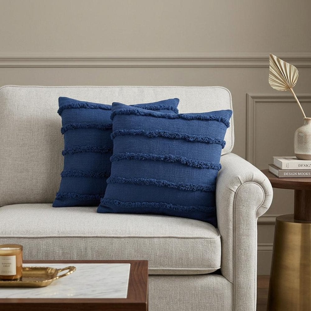 Set of Two Navy Blue Ribbed Cotton Throw Pillow With Fringe
