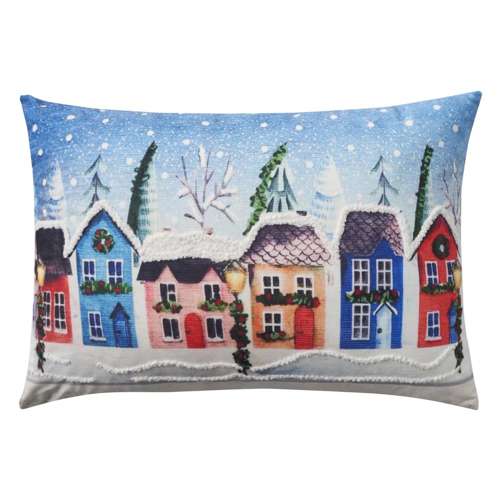 20" X 14" Blue And Red Christmas Village Throw Pillow with Embroidery