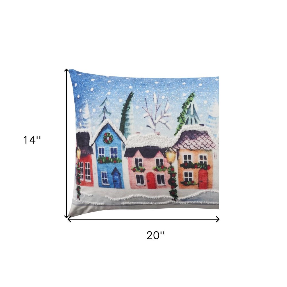 20" X 14" Blue And Red Christmas Village Throw Pillow with Embroidery
