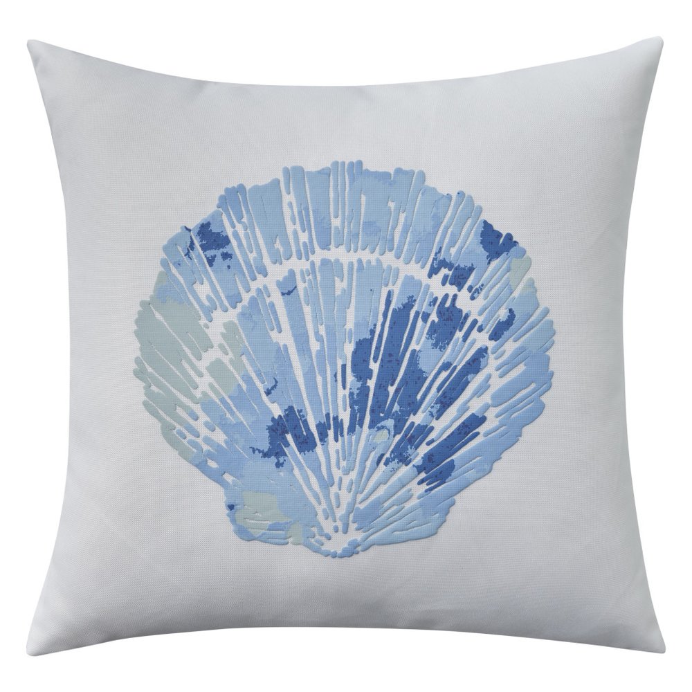 18" Blue And White Coastal Seashell Throw Pillow
