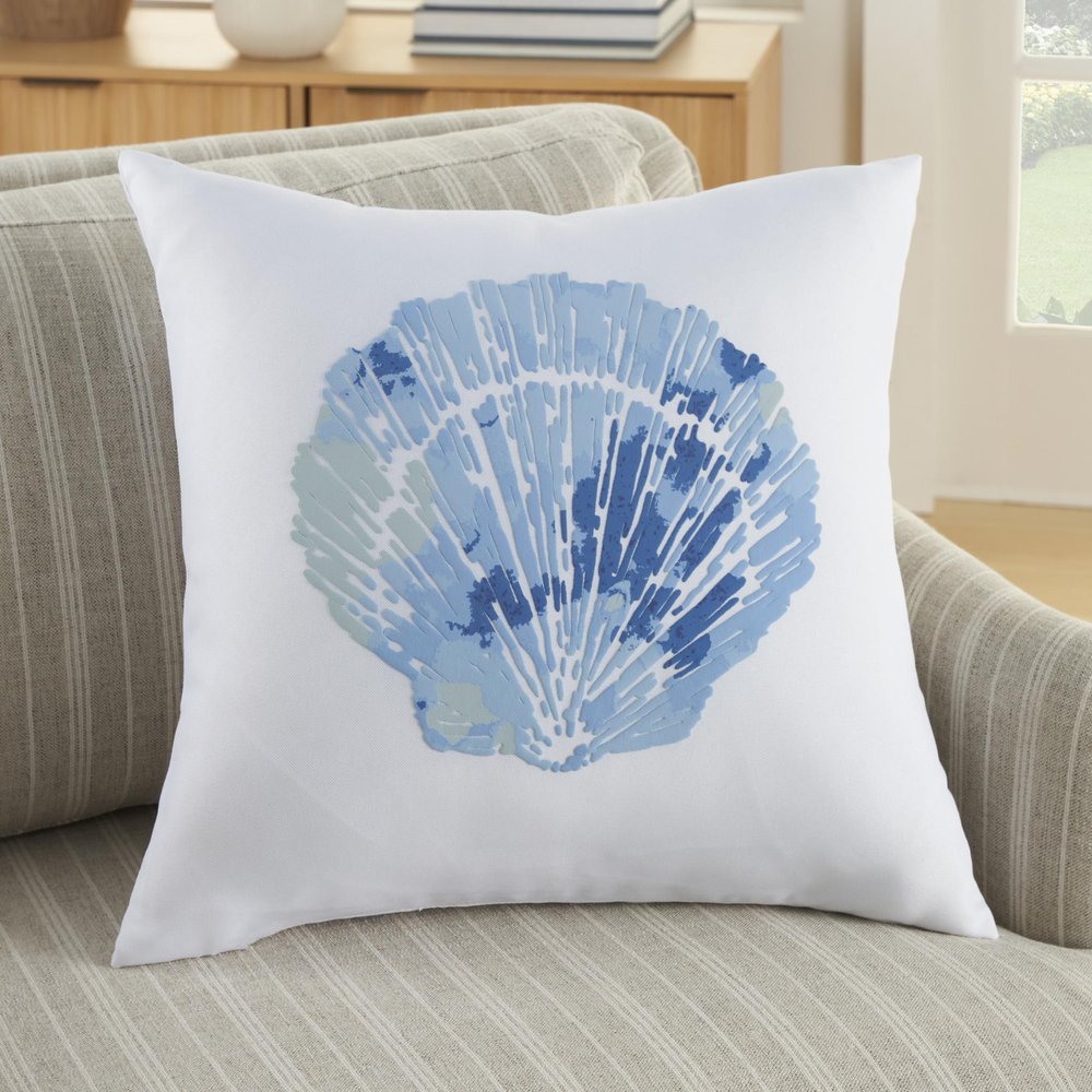 18" Blue And White Coastal Seashell Throw Pillow