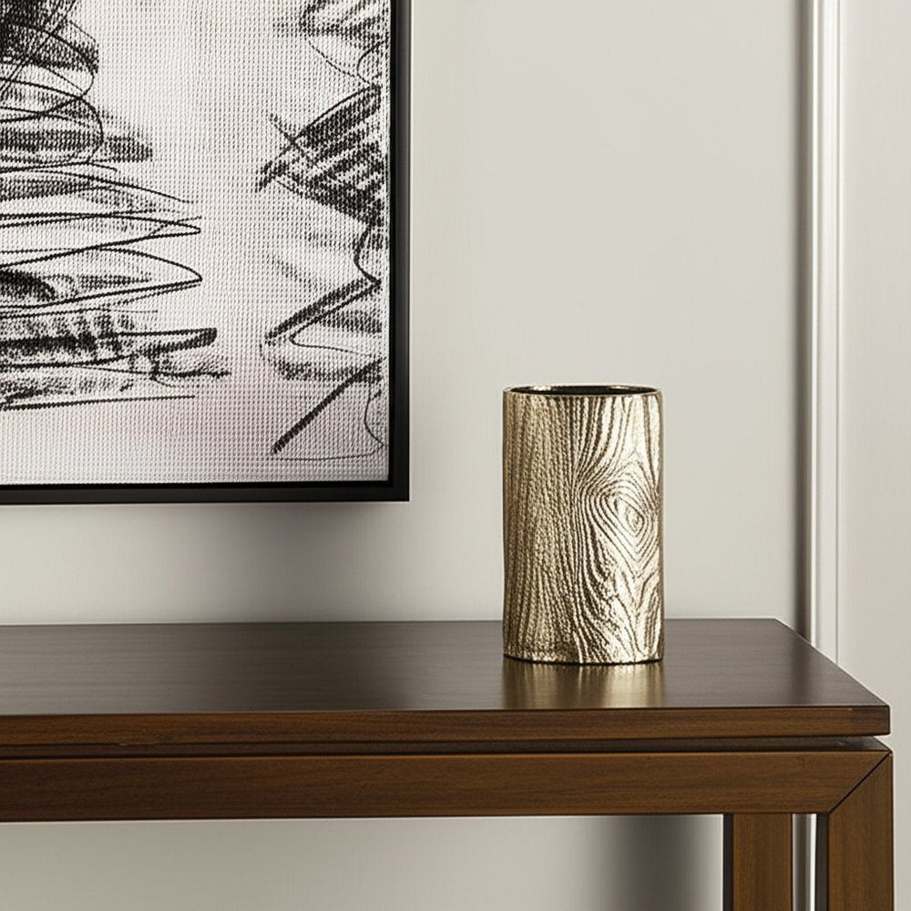 10" Gold Aluminum Oval Faux Wood Table Vase