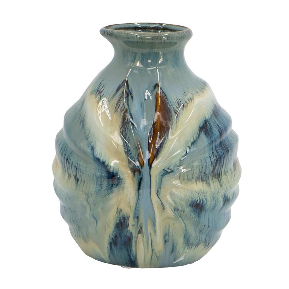 11" Blue Beige And Brown Abstract Round Ceramic Table Vase