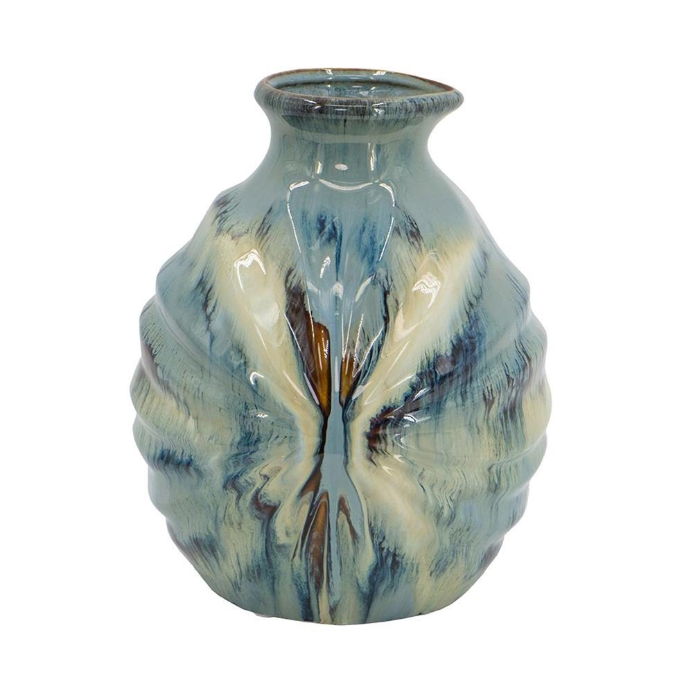 11" Blue Beige And Brown Abstract Round Ceramic Table Vase