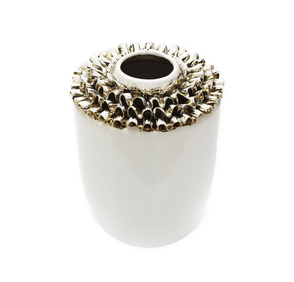 10" White Round Ceramic Table Vase With Sculptural Details