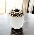 10" White Round Ceramic Table Vase With Sculptural Details