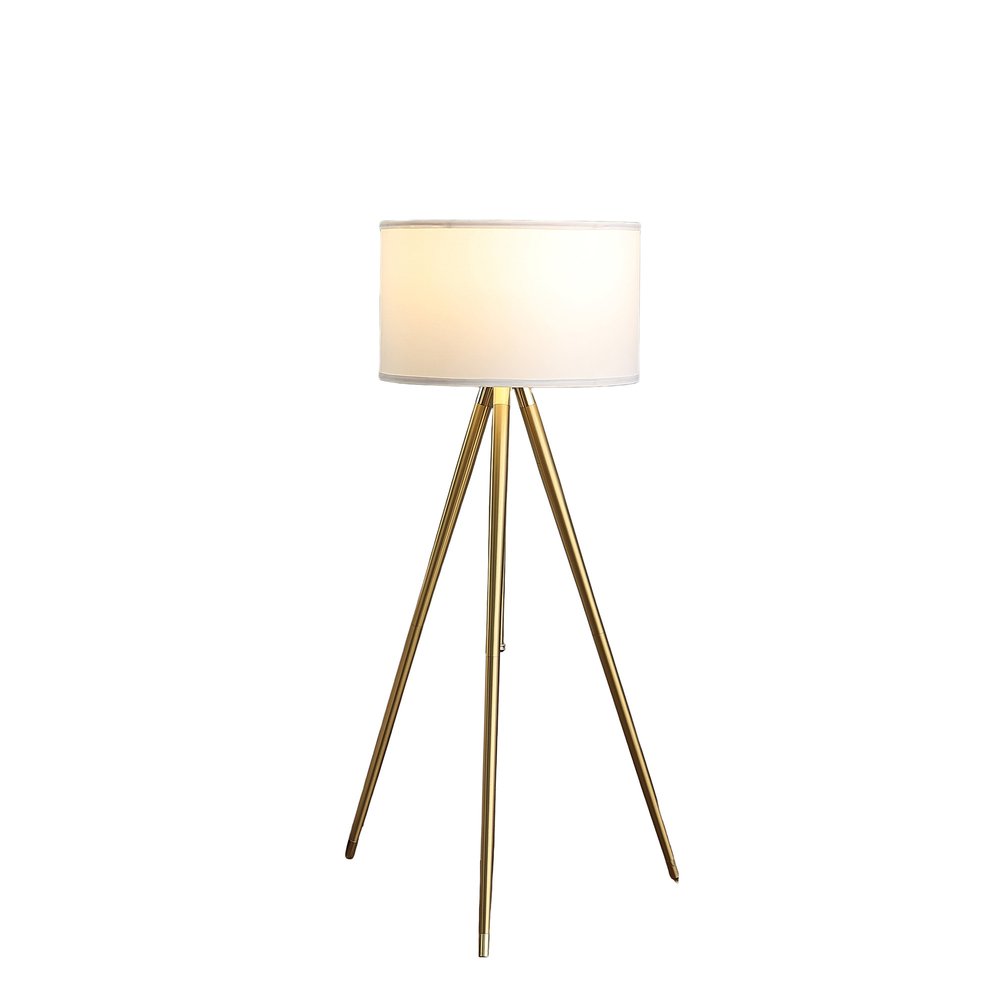 Gold Metal Adjustable Tripod Floor Lamp With White Linen Drum Shade