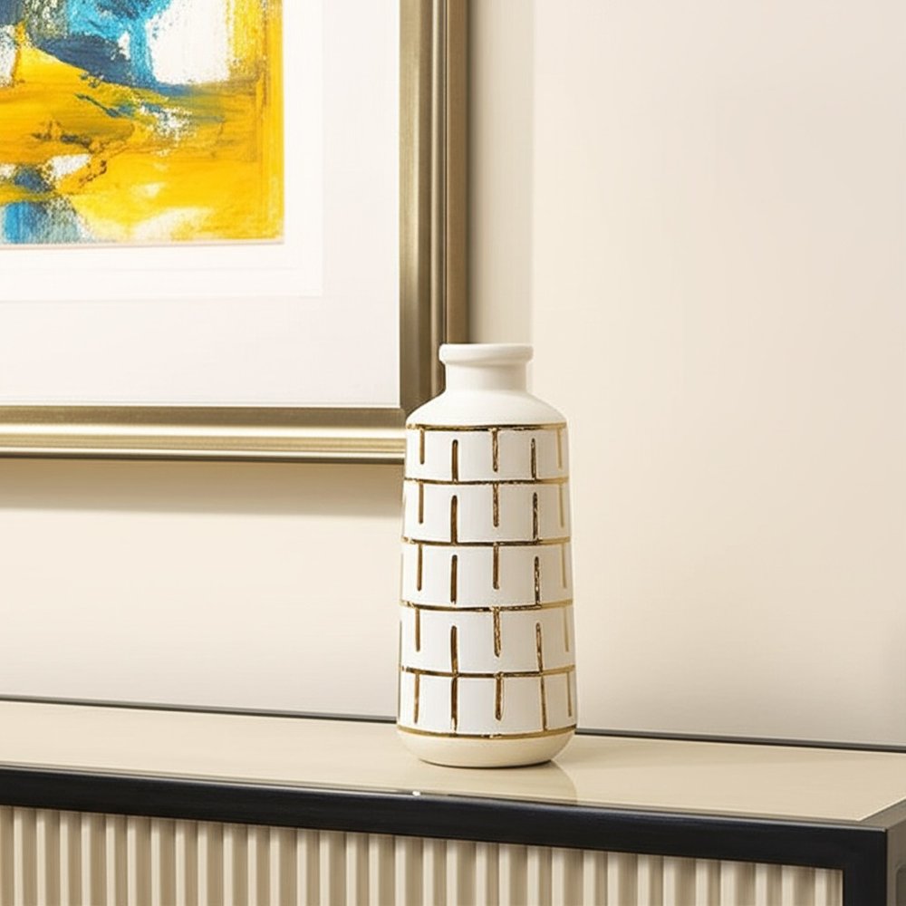 12" Ivory And Gold Geometric Cylindrical Ceramic Table Vase