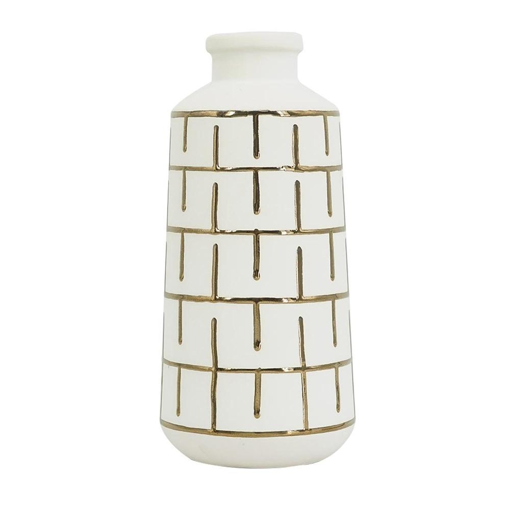 12" Ivory And Gold Geometric Cylindrical Ceramic Table Vase